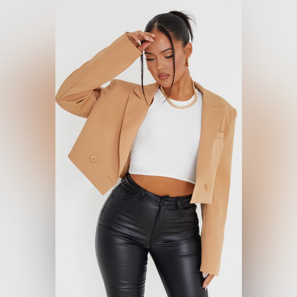 Camel Woven Cropped Shoulder Padded Blazer